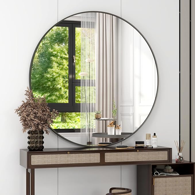 36 Inch Round Bathroom Mirror - Black Wall Mounted Circle Mirror with Metal Frame, Modern Round Hanging Mirror Suitable for Bathroom, Vanity, Entryway, Living Room