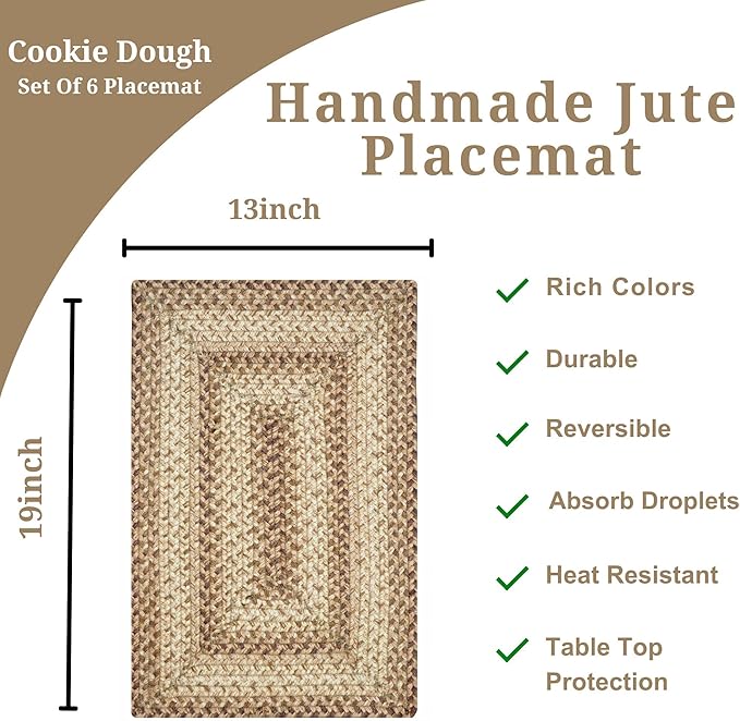 Homespice Cookie Dough Dining Placemats, Warm Country Decor, Set of 6, Brown - 13x19 Rectangle Table Mats - Vibrant Colors, Durable, Easy to Clean and Protects Furniture
