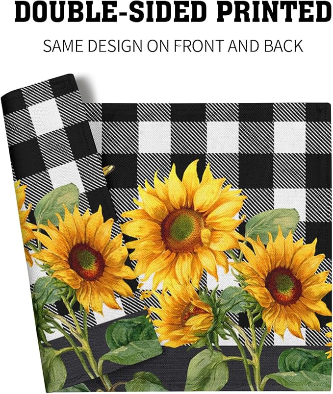 Sunflower Placemats Set of 4 - Buffalo Plaid Place Mats 12x18 Farmhouse Table Mats Spring Summer Kitchen Mats for Party Dining Table