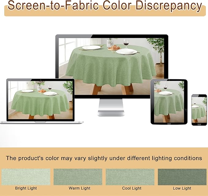 JIUZHEN Round Table Cloth Faux Linen Farmhouse Tablecloth Wrinkle and Stain Resistant Decorative Fabric Table Cover for Kitchen, Dining Room, Parties and Camping, Sage Green, 90 Inch Round