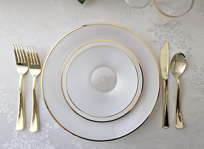 " OCCASIONS " 50 Plates Pack (25 Guests)-Wedding Party Disposable Plastic Plate Set -25 x 10'' Dinner + 25 x 7'' Salad & Dessert plates (Belize in White Pearl & Gold)