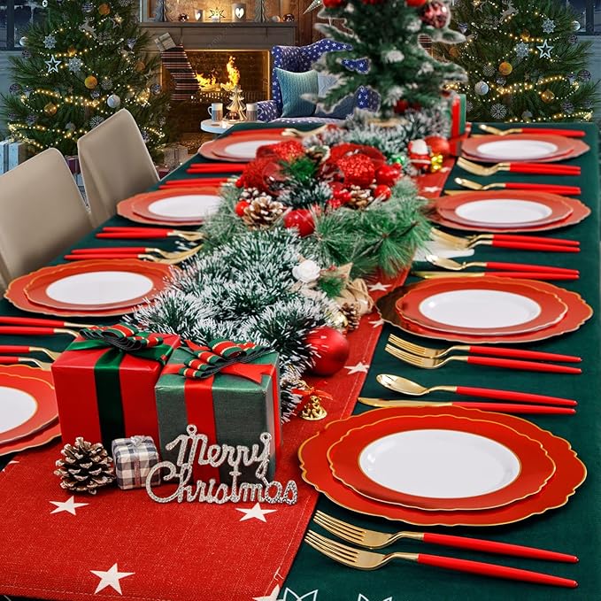 WDF 30Guest Red Plastic Plates - Gold Plastic Silverware With Red Handle - Red Plates Disposable- Baroque Plastic Dinnerware for Party Valentine's Day