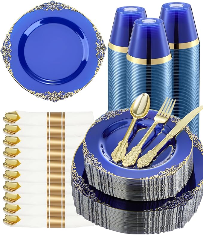 Goodluck 350 Piece Clear Blue Plastic Dinnerware Set for 50 Guests, Fancy Disposable Plates, Include: 100 Blue Rim Plastic Plates, 150 Silverwares, 50 Pre Rolled Napkins, 50 Cups for Party, Wedding