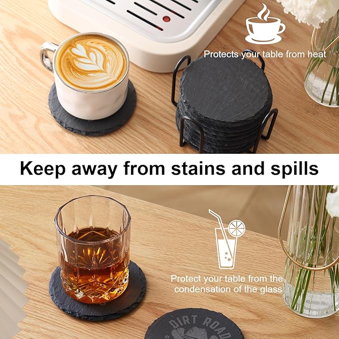 16 Pack Stone Coaster Set with Metal Stand 4-inch Round Laser-Engraved Black Stone Coasters with Protective Pads on The Bottom Ideal for Home,bar, and Gift Occasions (Weddings, housewarmings)