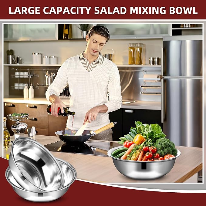 10 Pcs Stainless Steel Mixing Bowls Metal Mixing Bowls Extra Large Basin Salad Bowl with Deeper Edge, Dishwasher Safe, Mirror Finish for Home and Commercial, Silver (14 Inch 8 Qt)
