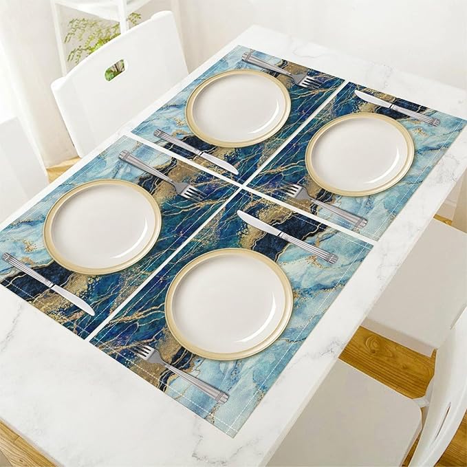 Marble Linen Placemats Set of 2, Modern Abstract Foil Texture White Blue Gold Marble Washable Cloth Place Mats, Non-Slip Dining Table Placemats for Home Kitchen Party Banquets Decor 12x17 Inch