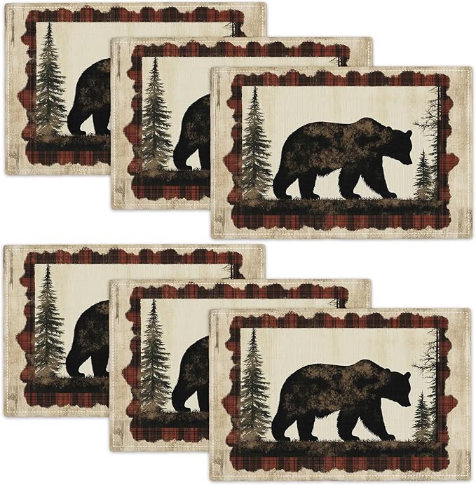 Bear Placemats Set of 6, Farmhouse Cabin Place Mats, Country Rustic Wild Animal Waterproof Washable Table Mats for Home Party Indoor Kitchen Dining Table Decoration 12x18 Inch