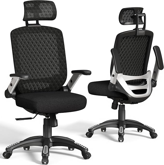 GABRYLLY Ergonomic Office Chair, High Back Home Desk Chair with Flip-Up Arms, 3D Headrest, Thick Sponge Sea &90-120° Recline, Big and Tall Mesh Executive Chairs for Man Woman, Midnight-Cloud