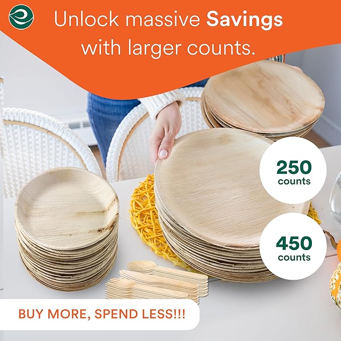 ECO SOUL 100% Compostable Palm Leaf Dinnerware Set of 250 For 50 Guests [10", 6" Round plates, Fork, Knife, Spoon, 50 Count each] | Biodegradable Disposable Utensils for Wedding, Parties, BBQ