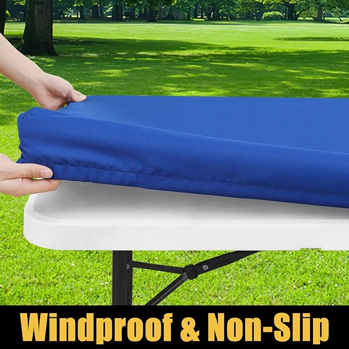 Smiry Rectangle Picnic Table Cloth, Waterproof Elastic Fitted Tablecloths for 8 Foot Tables, Washable Polyester Table Cover for Camping, Indoor and Outdoor (Blue, 36"x96")