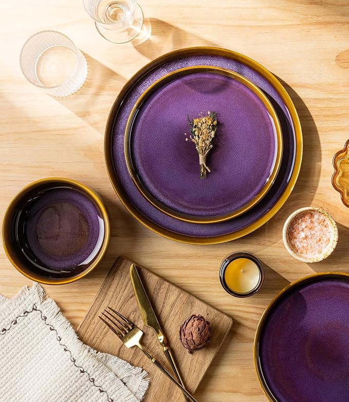 TheTerra Ceramic Dinnerware Sets for 4, 12 Pieces Handmade Reactive Glaze Plates and Bowls Set, Scratch Resistant Dish Set, Oven & Microwave & Dishwasher Safe, Amber Amethyst
