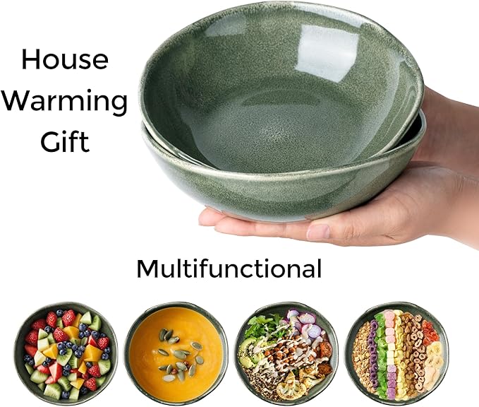 AmorArc Ceramic Cereal Bowls Set of 6, 24 oz Handmade Stoneware Bowls for Cereal Soup Salad Bread, Stylish Kitchen Bowls for Meal, Dishwasher & Microwave Safe-Jade Green