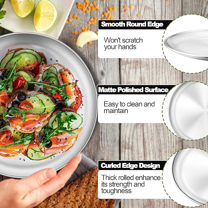 E-far 4-Piece Stainless Steel Plates, 9 Inch Metal Dinner Plates Dishes for Home, Picnic, Outdoor Camping, Healthy & Non-Toxic, Shatterproof & Dishwasher Safe