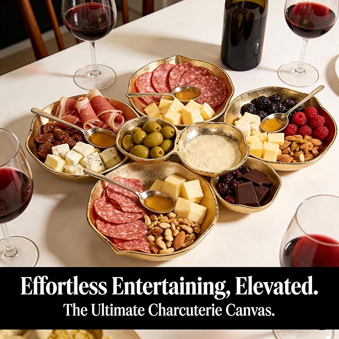 Cluster Serving Tray for Charcuterie – 9 Piece Decorative Bowls Set for Entertaining, Elegant Appetizer Platter with Connected Snack Bowls, Modern Luxury Centerpiece (White)