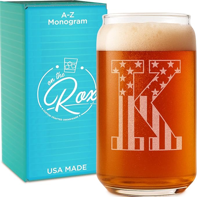 Monogram Beer Glasses for Men (A-Z) 16 oz - Beer Gifts for Men Brother Son Dad Neighbor - Unique Gifts for Him - Personalized Drinking Gift Beer Glass Mugs - Engraved Beer Can Glass (K)