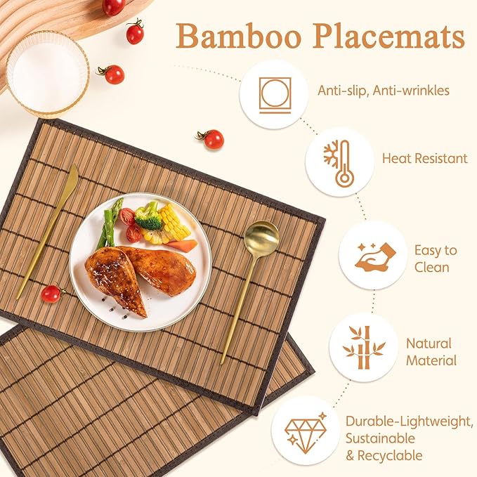 Bamboo Placemats with Fabric Border Set of 4 Natural Bamboo Rectangular Rolling Table Mats for Dining Kitchen Table Heat Resistant Table Protection Brown