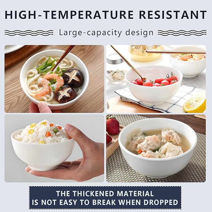 Soup Bowls, 22 oz White Ceramic Bowls, 6 Inch Cereal Bowl, Porcelain Bowl Set of 6 for Soup, Pasta, Salad, Fruit, Rice, Oatmeal, Dishwasher and Microwave Safe (Set of 6)