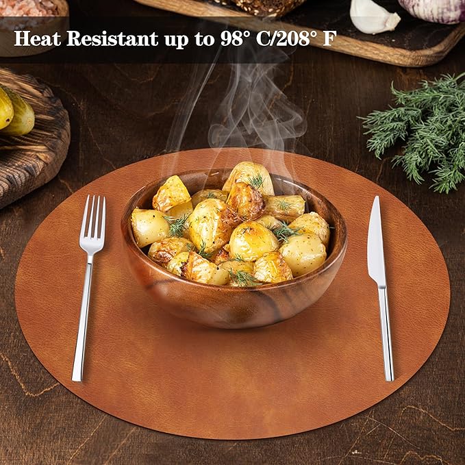 Round Placemats and Coasters Set of 4, Washable Reversible Faux Leather Placemats Cowhide Pattern Place Mats Wipeable Non-Slip 15 inch Round Kitchen Dining Table Mats (Gray Brown, 4)