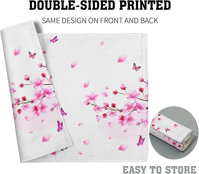 Cherry Blossom Placemats - Sakura Place Mats Set of 4 Pink Floral Flower Tablemats 12x18 for Party Kitchen Dining Farmhouse