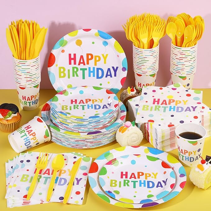 Kochorie 400 Pieces Happy Birthday Party Decorations Including Disposable Paper Plates Cups Napkins Tableware Sets Serves 50 for Birthday Party Supplies