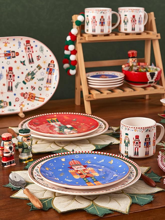 Bico Christmas Soldier Salad Plates Set of 4, 8.75 Inch Ceramic Dessert Plates for Salad, Appetizer, Side Dishes, Microwave and Dishwasher Safe, Gift for Housewarming and Christmas