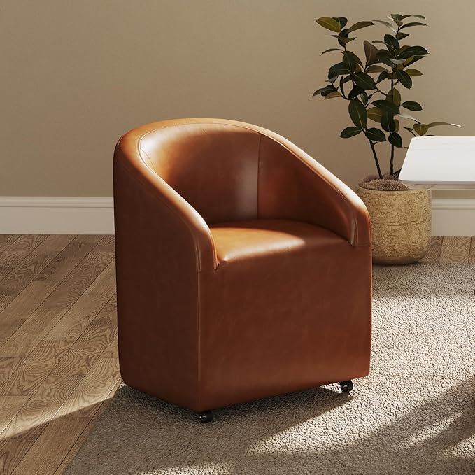 Modern Barrel Dining Chair with Rolling Casters, Upholstered PU Leather Swivel Dining Room Chair with Wheels for Kitchen Living Room Home Office, Brown