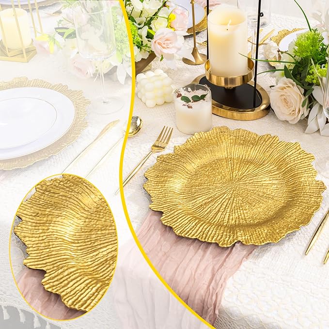 LIYH 8 Pcs Gold Charger Plates 13'' Plastic Round Chargers Plates Reusable Wedding Dinner for for Table Setting Wedding Party Decoration