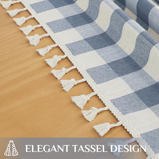 Softalker Checkered Tablecloth Square, Outdoor Linen Cotton Gingham Table Cloth with Tassel, Heavy Duty Wrinkle Free Buffalo Plaid Table Cover for Kitchen Dining Home Party - 55 x 55 Inch, Blue