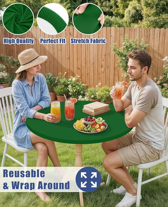 Round Spandex Tablecloth, Elastic Fitted Waterproof Tablecloths for 42"-50" Tables, Stretch Washable Picnic Table Cover for Camping, Dining, Indoor and Outdoor, Emerald Green
