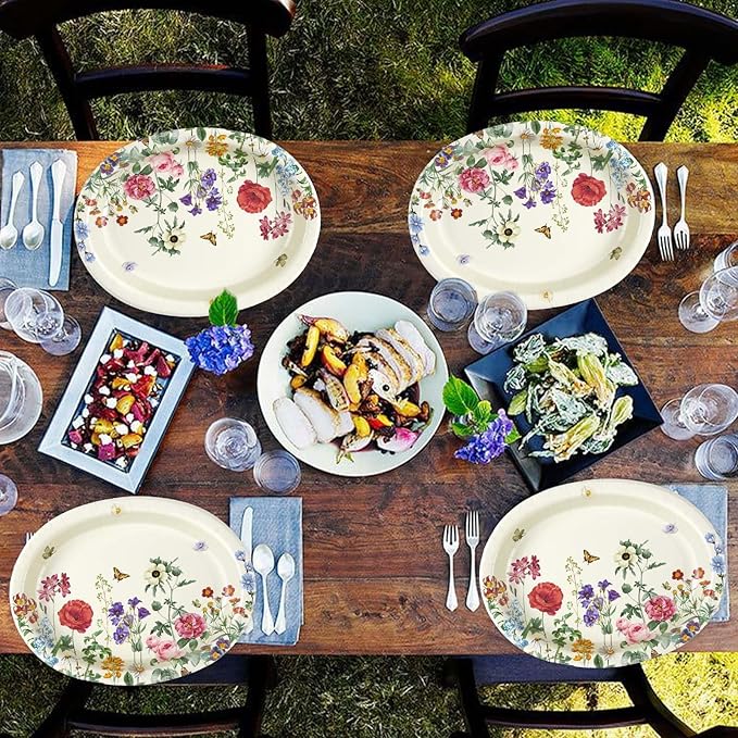 50Pcs Wild Flower Oval Paper Plates 10" x 12" Large Heavy Duty Disposable Fall Vintage Wildflower Platters Autumn Watercolor Floral Dessert Plates for Thanksgiving Dinner Birthday BBQ Party Supplies