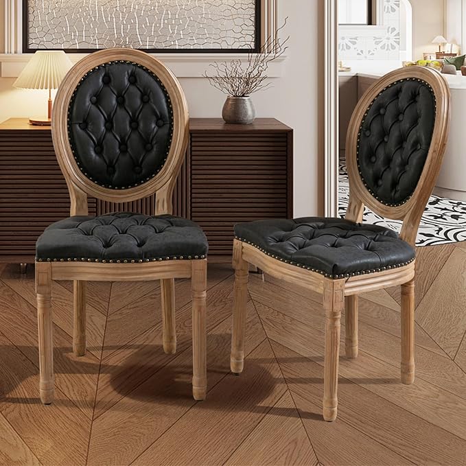 SoarFlash French Dining Chairs Set of 6, Vantage Dining Chair with Round Back, Farmhouse Country PU Leather Dining Chair for Kitchen,Bedroom,Black