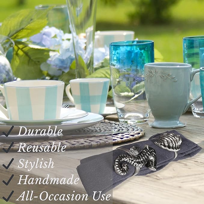 ALPHA Living HOME Napkin Rings Set of 12, Premium 100% Metal, Rust-Resistant Tabletop Décor - Antique Coastal Sea Shell Napkin Holdersfor Family Dinner, Wedding, Party, Decorations - Antique Silver
