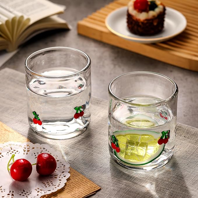 Icon Juice Glasses, 14oz Stemless Wine Drinking Juice Glass Cup for Valentine Party Supplies Gift(2 Pcs,Cherry)