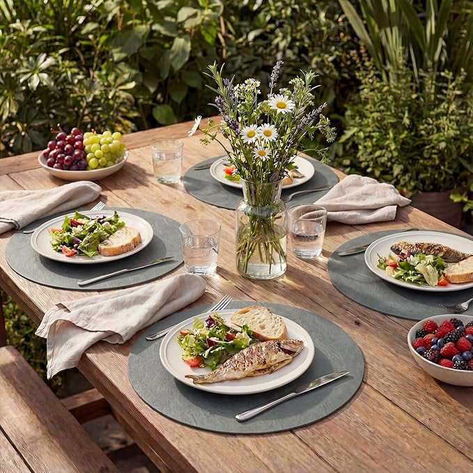 Artoid Mode Grey Faux Leather Placemats Set of 4, 15 Inch Waterproof Wipeable Heat Resistant Vinyl Place Mats, Reversible Table Mats for Winter Kitchen Dining Decor