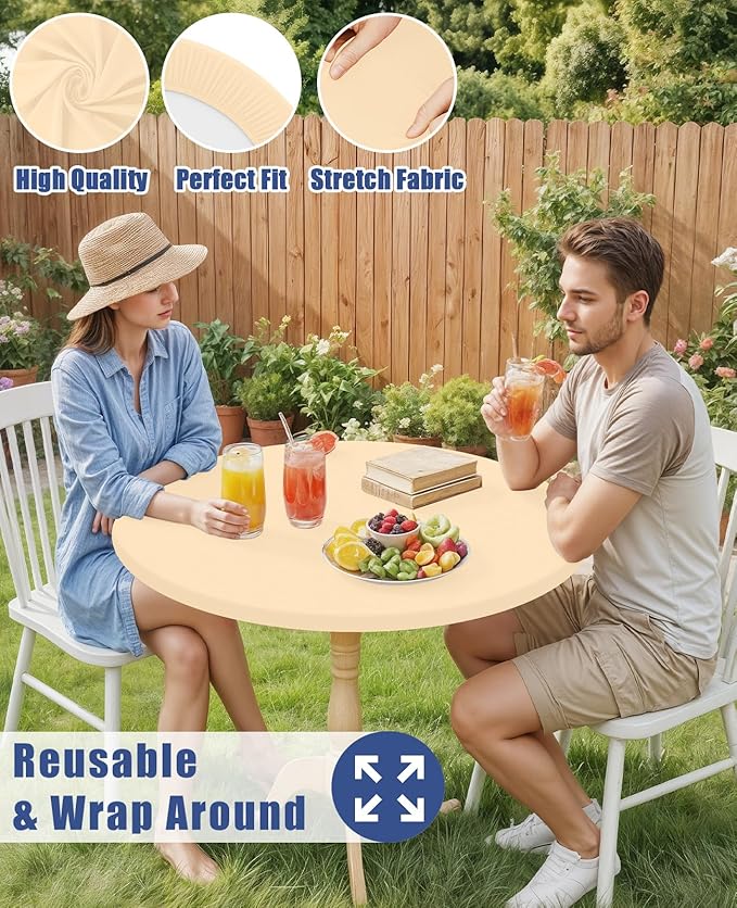 Round Spandex Tablecloth, Elastic Fitted Waterproof Tablecloths for 45"-56" Tables, Stretch Washable Picnic Table Cover for Camping, Dining, Indoor and Outdoor,Ivory
