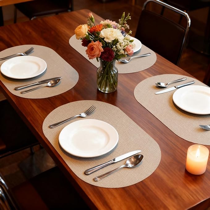 Oval Placemats for Dining Table Set of 6, Washable Leather Table Mats, Waterproof Heat-Resistant Non-Slip Kitchen Placemats, Simple Style Oval Design