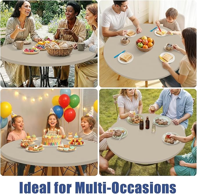Round Spandex Tablecloth 2 Pack, Elastic Fitted Waterproof Tablecloths for 57"-68" Tables, Stretch Washable Picnic Table Cover for Camping, Dining, Indoor and Outdoor, Taupe