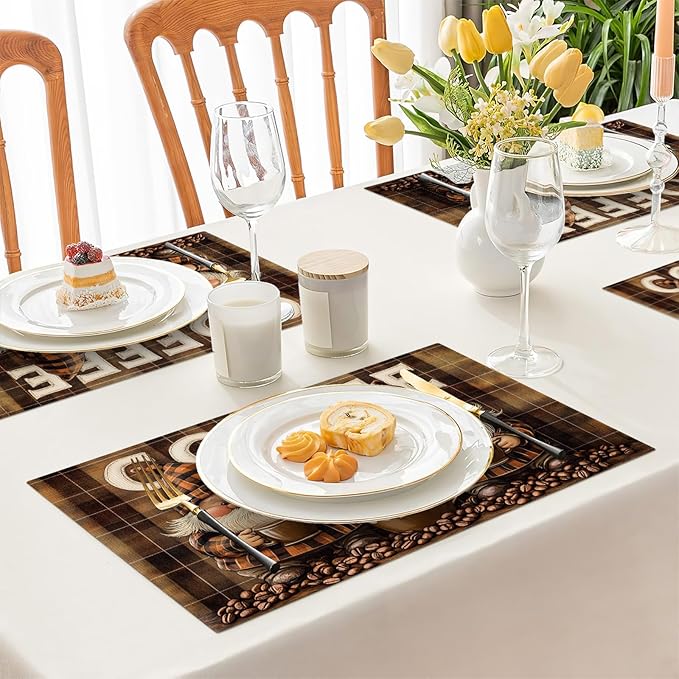 Coffee Gnomes Placemats Set of 4, Cafe Station Table Mats, Washable Place Mats for Coffee Bar Home Party Indoor Kitchen Dining Table Decor 12x18 Inch