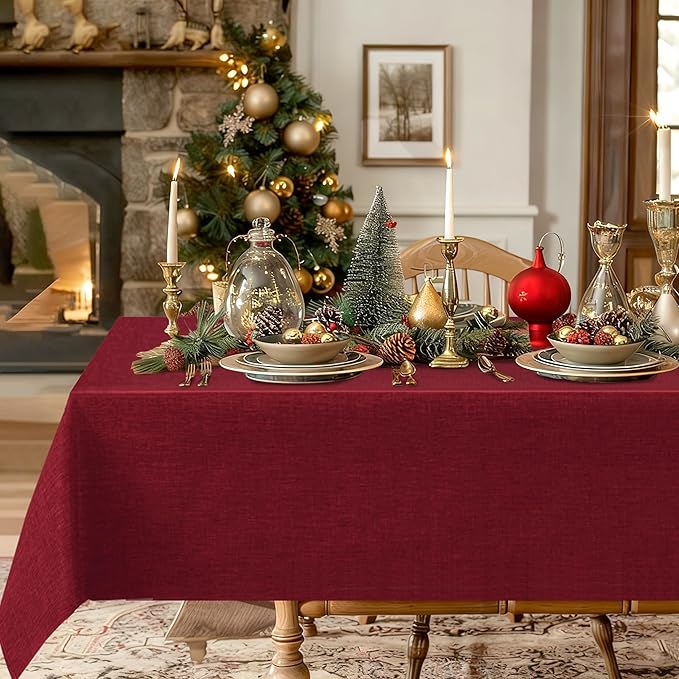 Hiasan Faux Linen Rectangle Tablecloth - Wrinkle and Stain Resistant Washable Table Cloth for Kitchen Dining Room Holiday Table Cover for Dinner, Red, 52 x 70 Inch