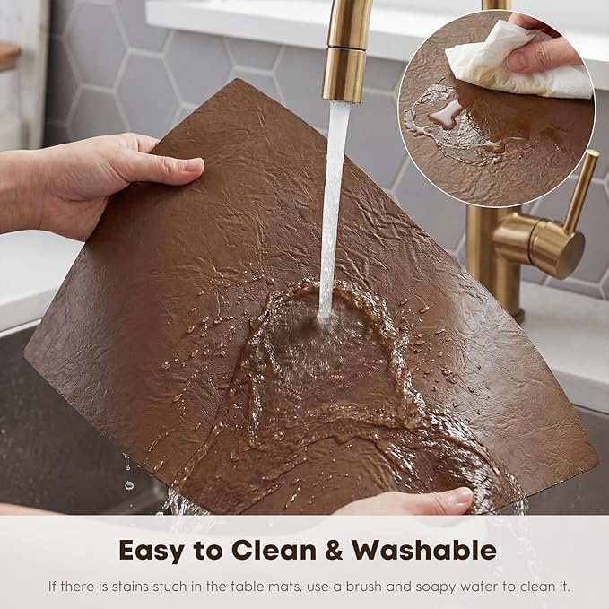 Artoid Mode Brown Faux Leather Placemats Set of 4, 12x18 Inch Waterproof Wipeable Heat Resistant Vinyl Place Mats, Reversible Table Mats for Kitchen Dining Decor