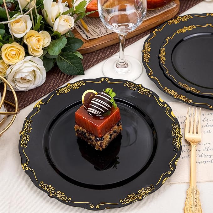 DaYammi 60PCS Black and Gold Plastic Plates, Heavy Duty Black and Gold Disposable Plates Premium 10inch Dinner Plate Hard Plastic Plate Disposable for Party and Wedding