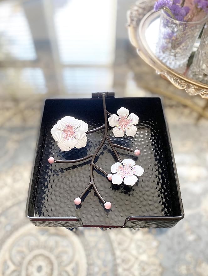 Black Flat Square Napkin Holder with White Pink Orchid Blooms | Orchid Flowers Metal Hinged Weighted Arm | Serviette Paper Hand Towel Storage Caddy Tray Organizer Dispenser | Home Restaurant