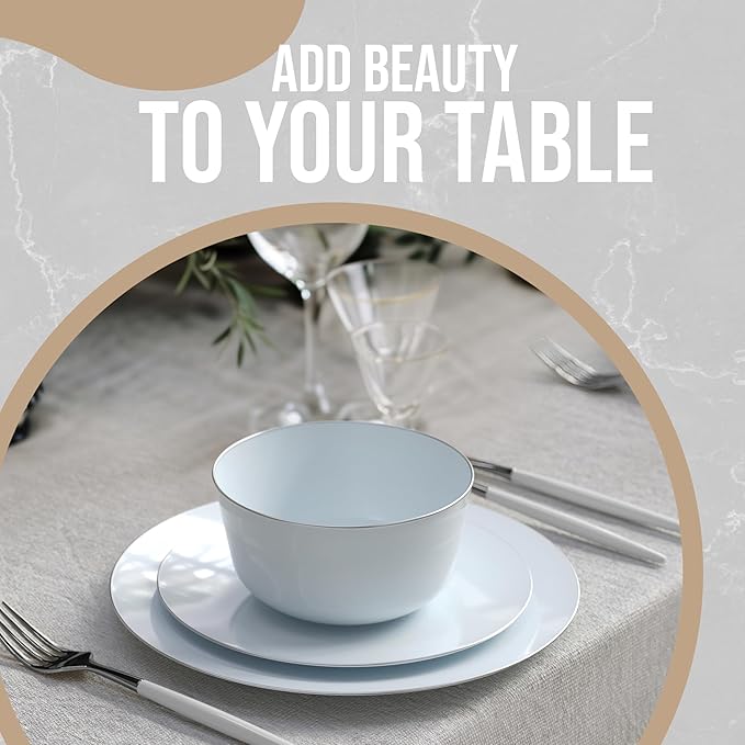 Trendables Plastic Bowls - Disposable 24 Oz Set of 50 Sage Silver Rimmed Fancy Serving Bowls for Salad, Ice Cream & Candy