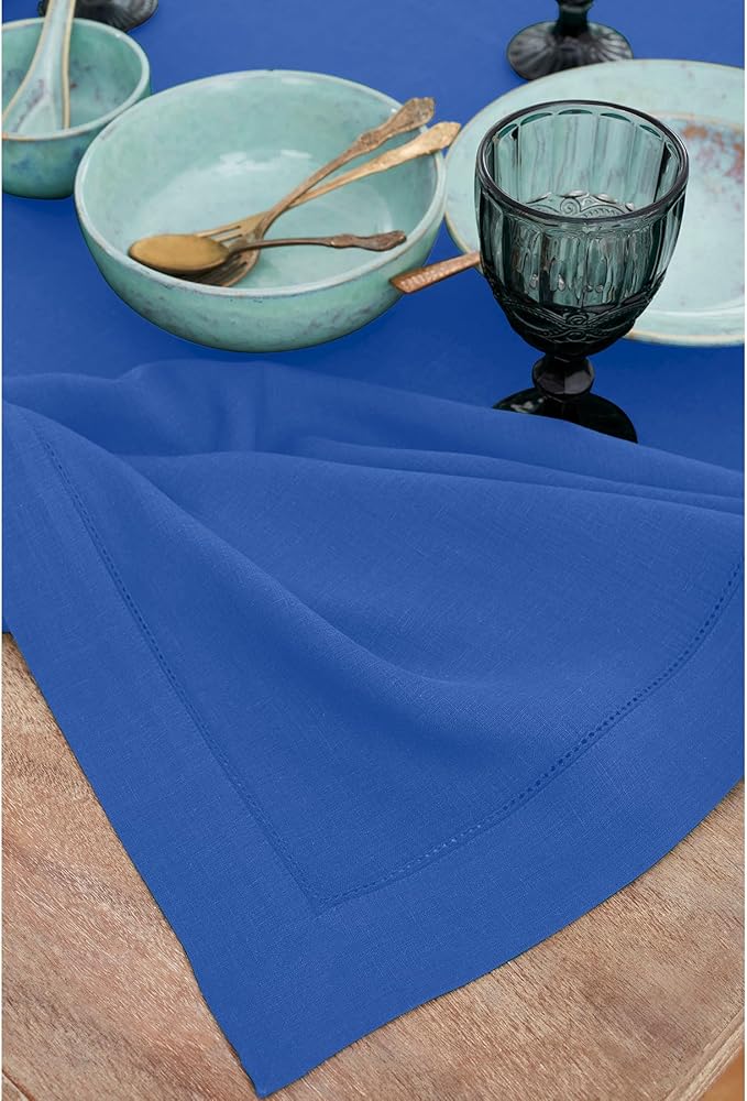 Solino Home Royal Blue Linen Tablecloth 60 x 90 Inch - 100% Pure Linen Hemstitch Table Cloth for Rectangle Tables - Classic Hemstitch, Machine Washable Tablecloth for Spring