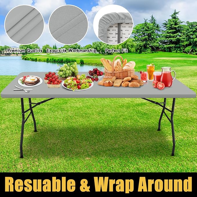 Smiry Rectangle Picnic Table Cloth, Waterproof Elastic Fitted Tablecloths for 4 Foot Tables, Washable Polyester Table Cover for Camping, Outdoor and Indoor (Light Grey, 30"x48")