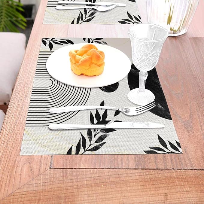 Boho Mid Century Leaf Placemats,Arch Sun Design,Minimalistic Leaves Pattern Luxurious Washable Place Mats 12x18Inch for Dining Kitchen Farmhouse Decor 6 PCS