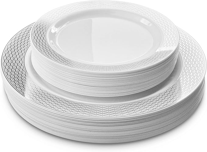 OCCASIONS 240 Plates Pack,(120 Guests) Heavyweight Premium Wedding Party Disposable Plastic Plates Set -120 x 10.5'' Dinner + 120 x 7.5'' Salad/Dessert (Diamond White & Silver)