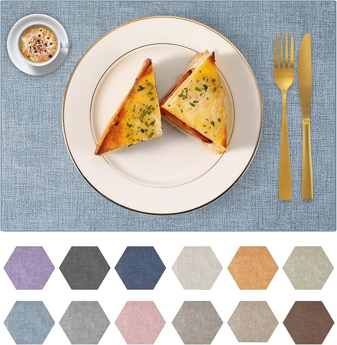 Faux Leather Placemats Set of 6 Washable Artificial Leather Table mats for Kitchen Table - Heat Resistant, Waterproof, Easy Clean, Anti Slip 11.8" x 17" (Light Blue-6 Pack)