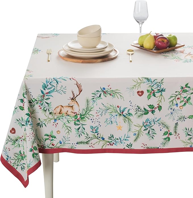 Maison d' Hermine Table Cloth Rectangle Table 100% Cotton 70 x 90 Inches Fall Tablecloth Reusable Everyday Use for Thanksgiving Christmas Decorations Dining Farmhouse Party (Holly Time)