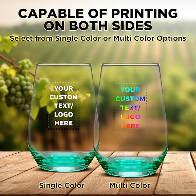 DISCOUNT PROMOS 10 Vaso Silicia Stemless Wine Glasses Set, 16 oz. - Personalized Text, Logo - Clear, Orb-Like, Thick base - Green